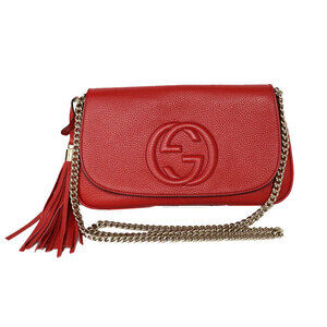 GUCCI Soho Interlocking Shoulder Bag GG Leather Tassel Red